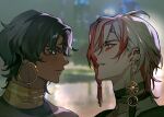  2boys arjuna_(fgo_fes._2025)_(fate) black_eyes black_hair blue_eyes brothers dark-skinned_male dark_skin earrings eyeshadow eyeshadow_under_eye face-to-face fate/grand_order fate_(series) gradient_hair highres hoop_earrings jewelry karna_(fgo_fes._2025)_(fate) kuruchili looking_at_another makeup male_focus multicolored_hair multiple_boys multiple_earrings necklace open_mouth pale_skin portrait profile red_eyeshadow red_hair siblings smile solo wavy_hair white_hair 