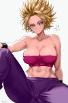 1girl ? abs absurdres areola_slip artist_name breasts caulifla cleavage collarbone dragon_ball dragon_ball_super green_eyes highres kalennoir large_breasts looking_at_viewer midriff muscular muscular_female navel pants pink_tube_top purple_pants saiyan solo spiked_hair strapless super_saiyan tube_top wristband 