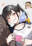  1boy 2girls absurdres anger_vein angry anis_(nikke) black_choker black_eyes breasts choker commander_(nikke) condom condom_wrapper goddess_of_victory:_nikke grin highres holding holding_another&#039;s_arm holding_condom jealous jewelry large_breasts looking_at_viewer multiple_girls nigi_(ngmnoym) ring smile smug sora_(nikke) twintails 