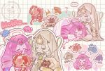  2girls 5boys angel angel_wings black_sapphire_cookie burning_spice_cookie candy_apple_cookie cloud_haetae_cookie colored_skin cookie_run cookie_run:_kingdom demon_girl dress eternal_sugar_cookie gold_lips gold_shawl gold_wheat ishrkut long_hair looking_at_viewer mudra multiple_boys multiple_girls mystic_flour_cookie pavlova_cookie pink_eyes pink_hair pink_skin robe shadow_milk_cookie very_long_hair vitarka_mudra watermark white_robe wings 