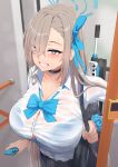  1girl asuna_(blue_archive) asuna_(school_uniform)_(blue_archive) black_skirt blonde_hair blue_archive blue_bra blue_eyes blue_ribbon blush bra bralines breasts cellphone choker collared_shirt dress_shirt grin gun hair_over_one_eye hair_ribbon halo highres large_breasts long_hair looking_at_viewer phone pleated_skirt ribbon scrunchie shirt silver_bullet_(ecc12_8) skirt sleeves_rolled_up smile solo underwear very_long_hair weapon white_shirt wrist_scrunchie 