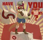  2017 5_fingers anthro areola barefoot big_breasts breasts clothed clothing english_text female flag foxey_(artist) fur hair hat huge_breasts hyper hyper_breasts kangaroo looking_at_viewer mammal marsupial nipples pointing propaganda red_hair shirt shorts solo standing tank text vehicle 
