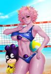  1girl ashido_mina bare_shoulders beach black_sclera blue_sky blush boku_no_hero_academia breasts buruma cleavage crop_top day drooling easonx hand_on_thigh horns large_breasts mineta_minoru one_eye_closed pervert pink_hair pink_skin saliva short_hair sky sweat underboob volleyball 