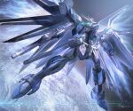  beam_rifle bilingual_commentary commentary_request energy_gun full_body glowing glowing_eyes green_eyes gun gundam gundam_seed gundam_seed_freedom highres holding holding_gun holding_shield holding_weapon lens_flare light_particles mecha mecha_focus mechanical_wings mixed-language_commentary mobile_suit moon no_humans rising_freedom_gundam robot roundel science_fiction shield signature solo space v-fin weapon wings yukishiro_chifuyu 
