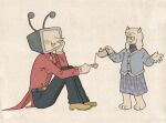  1boy 1girl :d animal_ears ant_tenna belt belt_buckle black_belt black_pants blue_cardigan blue_shirt blue_sky blush_stickers brown_shoes buckle canvas_(medium) cardigan coat colored_pencil_(medium) commentary cup deltarune english_commentary full_body furry furry_female gloves goat_ears goat_girl goat_horns graphite_(medium) hand_on_own_face highres holding holding_cup holding_teapot horns necktie object_head pants pointy_nose red_coat shirt shoes sitting sky smile szivarvanyturmix02 tailcoat teapot toriel traditional_media w_arms white_fur white_gloves white_shirt yellow_necktie 