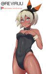  1girl absurdres alternate_costume bea_(pokemon) black_bow black_bowtie black_hairband black_leotard blonde_hair bow bow_hairband bowtie breasts closed_mouth commentary covered_navel detached_collar english_commentary eyelashes fishnet_pantyhose fishnets grey_eyes hairband hand_up highres leotard looking_down paid_reward_available pantyhose patreon_logo playboy_bunny pokemon pokemon_swsh reviruu short_hair simple_background solo twitter_username white_background wrist_cuffs 
