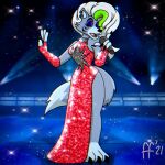 2021 4_fingers anthro black_nose canid canine canis cheek_tuft claws clothed clothed_anthro clothed_female clothing digital_drawing_(artwork) digital_media_(artwork) dress ear_piercing ear_ring electronics eyelashes eyes_closed eyeshadow fabfelipe facial_tuft fangs female finger_claws fingerless_gloves fingers five_nights_at_freddy&#039;s five_nights_at_freddy&#039;s:_security_breach fur fur_tuft gloves green_hair grey_body grey_fur hair handwear hi_res holding_microphone holding_object makeup mammal microphone multicolored_hair open_mouth piercing purple_eyeshadow red_clothing red_dress red_fingerless_gloves red_gloves red_handwear ring_piercing roxanne_wolf scottgames singing snout solo sparkles sparkling_clothing sparkling_dress sparkling_gloves standing steel_wool_studios teeth toe_claws tongue tuft two_tone_hair white_hair wolf