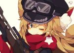  ;) animal_ear_fluff animal_ears bangs beige_background black_gloves black_hat blue_eyes blush cat_ears chibi closed_mouth gloves goggles goggles_on_headwear gun hair_between_eyes hat highres holding holding_gun holding_weapon light_brown_hair long_hair looking_at_viewer mole mole_under_eye muuran one_eye_closed original peaked_cap red_scarf rifle scarf scope signature simple_background smile solo star star_in_eye star_print symbol_in_eye weapon weapon_request 