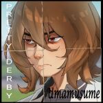  1girl agnes_tachyon_(umamusume) album_cover album_cover_redraw animal_ears brown_hair closed_mouth cover derivative_work english_text exmilitary_(death_grips) hgoolahan horse_ears horse_girl lab_coat medium_hair parody red_eyes solo trait_connection umamusume wolf_cut 