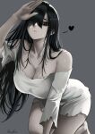  1girl absurdres artist_name black_hair breasts cleavage collarbone dress ghost_girl grey_background hair_over_one_eye heart highres kalennoir large_breasts looking_at_viewer messy_hair pale_skin red_eyes solo the_ring white_dress yamamura_sadako 