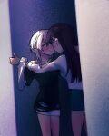  2girls bang_dream! bang_dream!_it&#039;s_mygo!!!!! black_shirt blue_skirt blush brown_hair chinese_commentary closed_mouth commentary_request holding_another&#039;s_wrist kaname_raana layered_sleeves long_hair long_sleeves medium_hair mole mole_under_eye multiple_girls nekohige0123 shiina_taki shirt short_over_long_sleeves short_sleeves skirt smile torn_clothes torn_shirt white_hair white_shirt white_skirt yellow_eyes yuri 