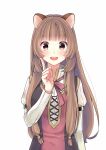  1girl :d animal_ears black_dress blunt_bangs blush breasts brown_eyes brown_hair collared_dress commentary_request dress finger_to_cheek high_collar highres layered_dress long_hair long_sleeves medium_breasts metal_arm_cuffs metal_hair_tubes neck_ribbon open_mouth raccoon_ears raccoon_girl raphtalia red_dress red_ribbon ribbon shirokuro_neko_(ouma_haruka) simple_background sleeveless sleeveless_dress smile solo straight-on straight_hair striped_clothes striped_dress tate_no_yuusha_no_nariagari teeth two-tone_dress upper_body upper_teeth_only vertical-striped_clothes vertical-striped_dress white_background white_dress 