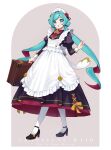  1girl alternate_costume alternate_hairstyle apron aqua_eyes aqua_hair blush flower frilled_apron frilled_headwear frills full_body hair_intakes hatsune_miku highres holding holding_suitcase long_hair long_sleeves looking_at_viewer maid maid_apron maid_headdress mamo_(fortune-mm) open_mouth pantyhose pink_nails puffy_long_sleeves puffy_sleeves red_flower red_rose rose sim solo suitcase twintails very_long_hair vocaloid white_apron white_pantyhose 