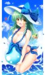  :d ass ball beachball blonde_hair blue_bow blue_sky bow breasts cleavage cloud collarbone commentary_request day eyebrows_visible_through_hair eyes_visible_through_hair full_body green_hair hair_between_eyes hair_ornament hat hat_bow heart highres kochiya_sanae large_breasts long_hair looking_at_viewer open_mouth osashin_(osada) outdoors sky smile snake_hair_ornament solo sun_hat touhou white_hat 