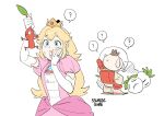  1boy 1girl ? arm_up artist_name blonde_hair blue_eyes blush crown dress earrings elbow_gloves eyelashes facing_away gloves hand_up helmet highres holding jewelry jumpsuit lips long_hair mario_(series) olimar pikmin_(creature) pikmin_(series) pink_dress pink_lips princess_peach puffy_short_sleeves puffy_sleeves red_gloves red_pikmin ring short_sleeves simple_background space_helmet spacesuit speech_bubble sphere_earrings spoken_question_mark ssuregigame standing sweatdrop turnip_(mario) white_background white_gloves yellow_jumpsuit 
