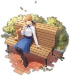  1girl ahoge artoria_pendragon_(fate) black_pantyhose blonde_hair blue_ribbon blue_skirt boots bow brown_boots casual closed_mouth collared_shirt eating falling_leaves fate/stay_night fate_(series) floating_hair food food_on_face full_body green_eyes hair_bow heaven&#039;s_feel highres leaf long_sleeves looking_at_viewer mahjong_soul neck_ribbon official_art on_bench pantyhose ribbon shirt shirt_tucked_in sitting skirt solo stuffed_toy transparent_background white_shirt 