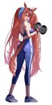  1girl absurdres animal_ears ass blue_pants blue_sports_bra breasts brown_hair daiwa_scarlet_(umamusume) dumbbell fang hair_intakes highres holding holding_dumbbell horse_ears horse_girl horse_tail large_breasts long_hair looking_at_viewer open_mouth pants red_eyes shoes simple_background sneakers solo sports_bra tail tiara tight_clothes tight_pants twintails umamusume very_long_hair white_background woongbi yoga_pants 