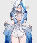  1girl absurdres armlet blue_veil blush breasts bunchosan_dayo closed_mouth clothes_lift colored_eyelashes commentary_request cowboy_shot dress dress_lift highres jewelry long_hair looking_to_the_side medium_breasts partial_commentary purple_eyes shorekeeper_(wuthering_waves) shorts simple_background sleeveless sleeveless_dress solo two-tone_veil veil white_background white_dress white_shorts white_veil wuthering_waves 