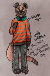 anthro barefoot brown_body brown_fur chumbasket clothed clothing ear_piercing feet front_view fur hi_res hybrid hyena looking_at_viewer male male_anthro mammal mouth_closed mustelid narrowed_eyes otter piercing solo standing