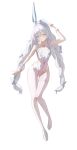  1girl absurdres animal_ears arm_up azur_lane banpen braid breastless_clothes breastless_leotard breasts carrot choker crotchless crotchless_pantyhose fake_animal_ears highres le_malin_(azur_lane) le_malin_(listless_lapin)_(azur_lane) leotard long_hair looking_at_viewer o-ring o-ring_choker official_alternate_costume pantyhose playboy_bunny rabbit_ears simple_background small_breasts solo thigh_gap thigh_strap twin_braids very_long_hair white_background white_hair white_leotard white_pantyhose white_wrist_cuffs wrist_cuffs 