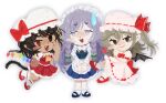  3girls apron bat_wings blue_eyes bow brown_eyes brown_hair cat_tail comedic_sweatdrop commentary cosplay dark-skinned_female dark_skin english_commentary flandre_scarlet flandre_scarlet_(cosplay) grey_eyes grey_hair hand_up hat hat_bow heterochromia highres izayoi_sakuya izayoi_sakuya_(cosplay) maid maid_headdress mob_cap multiple_girls original pink_hat pink_skirt pointy_ears red_eyes red_skirt remilia_scarlet remilia_scarlet_(cosplay) saccharhythm skirt skirt_set socks sweatdrop tail touhou w waist_apron white_hat white_socks wings wrist_cuffs 