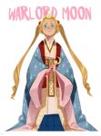 1girl alternate_costume bishoujo_senshi_sailor_moon blonde_hair blue_eyes commentary english_commentary highres holding holding_wand japanese_clothes jewelry kimono layered_kimono long_hair looking_at_viewer renareve simple_background solo tsukino_usagi twintails wand white_background 