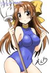 1girl :o armpits artist_name bare_shoulders blue_leotard blush bow breasts brown_eyes brown_hair character_name cleavage clenched_hands collarbone covered_navel cowboy_shot embarrassed endori hair_bow highres holding large_breasts leotard long_hair looking_at_viewer open_mouth simple_background sleeveless solo standing thighs trisha_foster very_long_hair w_arms yellow_bow yuukyuu_gensoukyoku 