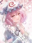  1girl aridamikannn black_ribbon blue_hat blue_kimono cherry_blossoms commentary_request falling_petals frilled_kimono frills hat highres japanese_clothes kimono long_sleeves looking_at_viewer medibang_paint_(medium) medium_hair mob_cap neck_ribbon open_mouth petals pink_eyes pink_hair pink_petals ribbon ribbon-trimmed_sleeves ribbon_trim saigyouji_yuyuko sleeve_garter smile solo touhou triangular_headpiece wide_sleeves 