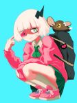  1girl bandaged_head bandages black_horns blonde_hair blunt_bangs cellphone collared_shirt eyepatch finger_gun finger_gun_to_head full_body green_eyes green_neckerchief green_skirt horns long_sleeves neckerchief neritch phone phone_eyepatch pink_sweater pleated_skirt ruru_(shinsei_kamattechan) shinsei_kamattechan shirt short_hair simple_background single_horn skirt solo squatting stuffed_animal stuffed_mouse stuffed_toy sweater white_shirt 