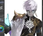  1boy armor art_program_in_frame blue_eyes colored_skin dark-skinned_male dark_skin earrings fate/grand_order fate_(series) grey_skin indra_(fate) jewelry lightning_bolt_facial_mark looking_at_viewer male_focus pauldrons potato_goril shirt short_hair shoulder_armor simple_background single_pauldron smile solo upper_body white_background white_hair 