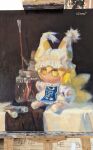  1girl animal_ears animal_hat blonde_hair blue_tabard commentary curtains easel expressionless fox_ears fox_tail frills fumo_(doll) glass_jar hat highres jitome kitsune mob_cap oil_painting_(medium) paint_tube paintbrush painting_(medium) palette_knife signature solo still_life tabard tail touhou traditional_media yakumo_ran yellow_eyes yuuren_kyouko 