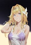  alternate_costume arm_at_side bare_shoulders bikini bikini_under_clothes black_background blonde_hair blue_eyes breasts cancer_(zjcconan) cleavage collarbone commentary_request contemporary flower granblue_fantasy hair_flip hair_flower hair_intakes hair_ornament hairband jeanne_d'arc_(granblue_fantasy) large_breasts lily_(flower) long_hair looking_away multicolored multicolored_background open_mouth see-through signature solo swimsuit tank_top upper_body wet wet_clothes white_background 