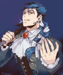  1boy ascot blue_background blue_hair braid brooch cu_chulainn_(caster)_(fgo_fes._2025)_(fate) earrings fate/grand_order fate_(series) gem hair_ribbon highres jacket jewelry long_sleeves looking_at_viewer male_focus open_mouth red_eyes red_gemstone ribbon ring shibanui shirt simple_background single_braid smile solo upper_body white_ascot 