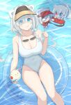  10_(xknn5488) 1girl :q animal_ears arknights ass_visible_through_thighs aurora_(arknights) blue_eyes breasts caustics character_request chibi closed_mouth commentary covered_navel day eyewear_on_head groin hair_intakes holding holding_spoon innertube jaye_(arknights) korean_commentary large_breasts long_hair looking_at_viewer one-piece_swimsuit outdoors rosa_(arknights) smile solo spoon sunglasses swim_ring swimsuit thigh_gap tongue tongue_out unworn_eyewear visor_cap water white_hair white_one-piece_swimsuit 