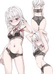  1girl absurdres adjusting_hair arms_behind_back arms_up ass black_bra black_panties blush bow bow_panties bra braid breasts character_request cleavage closed_mouth commission copyright_request from_behind from_side highres lace lace_bra long_hair multiple_views navel panties purple_eyes scarlet_(wv0102) simple_background single_braid smile stomach strap_slip underwear underwear_only white_background white_hair 