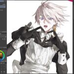  1boy alternate_costume apron art_program_in_frame black_dress blue_eyes collared_dress crossdressing crossdressing_(mtf) dress earrings enmaided eyeshadow eyeshadow_under_eye fate/grand_order fate_(series) frilled_apron frills hair_between_eyes heart heart_hands jewelry juliet_sleeves karna_(fate) long_sleeves looking_at_viewer maid maid_apron makeup male_focus male_maid pale_skin potato_goril puffy_sleeves red_eyeshadow short_hair simple_background solo upper_body white_apron white_background white_hair 
