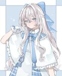  1girl blue_background blue_bow blue_bowtie blue_eyes blue_sailor_collar blush bow bowtie capelet closed_mouth commentary dress frilled_capelet frilled_sailor_collar frills gloves grey_hair hair_between_eyes hair_bow hand_up highres long_hair looking_at_viewer original sailor_collar solo twitter_username upper_body white_capelet white_dress white_gloves yuni_0205 