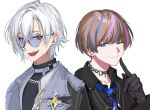  2boys :d black_choker black_coat black_gloves black_shirt blue_eyes blue_hair blue_necktie brown_hair chain chain_necklace choker closed_mouth coat coat_on_shoulders collared_shirt commentary crescent crescent_necklace crossed_bangs earrings fang finger_to_cheek gloves grey_choker hair_between_eyes hand_up highres index_finger_raised jewelry kaelix_debonair kaohom503 lapels looking_at_viewer male_focus mole mole_under_eye multicolored_hair multiple_boys necklace necktie nijisanji nijisanji_en one_eye_closed open_mouth purple-tinted_eyewear purple_hair round_eyewear seible_(nijisanji) shirt short_hair simple_background smile streaked_hair sunglasses symbol-only_commentary teeth tinted_eyewear turtleneck upper_body upper_teeth_only virtual_youtuber white_background white_hair white_shirt wing_collar 