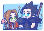  105zz 1boy 1girl :3 aerith_gainsborough armor black_gloves black_hair blue_eyes blush braid braided_ponytail buster_sword chinese_commentary choker commentary_request cross_scar dress earrings final_fantasy final_fantasy_vii final_fantasy_vii_ever_crisis final_fantasy_vii_remake gloves green_eyes hair_ribbon jacket jewelry looking_at_another open_mouth parted_bangs pink_dress pink_ribbon ponytail red_jacket ribbed_sweater ribbon scar scar_on_cheek scar_on_face short_hair shoulder_armor sleeveless sleeveless_turtleneck sparkle sparkling_eyes spiked_hair stud_earrings sweater sword sword_on_back turtleneck turtleneck_sweater upper_body weapon weapon_on_back zack_fair 