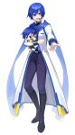  1boy absurdres belt black_belt black_boots blue_eyes blue_hair blue_nails blue_pants blue_scarf boots character_doll coat doll hair_between_eyes headset highres holding holding_stuffed_toy kaito_(vocaloid) kaito_(vocaloid3) knee_boots long_sleeves looking_at_viewer maima_(rrs_0222) male_focus nail_polish open_mouth pants reaching reaching_towards_viewer scarf short_hair simple_background smile solo stuffed_toy vocaloid white_background white_coat 