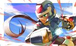  1girl aile_(mega_man_zx) anniversary arm_cannon armor black_bodysuit blue_armor blue_helmet bodysuit border breasts brown_hair cowboy_shot energy_ball forehead_jewel green_eyes helmet highres mega_man_(series) mega_man_zx mega_man_zx_advent model_x_(mega_man) open_mouth ponytail power_armor powering_up socksglows upper_body weapon white_border 