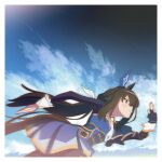  1girl admire_vega_(umamusume) animal_ears black_gloves blue_sky border brown_eyes brown_hair cloud commentary_request day ear_covers fingerless_gloves from_side gloves hair_ribbon horse_ears horse_girl horse_tail kamotsu leaning_forward long_hair long_sleeves necktie outdoors profile ribbon running single_ear_cover single_fingerless_glove single_glove sky solo tail umamusume white_border white_necktie white_ribbon 