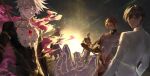  1other 5boys absurdres arjuna_(fate) armor ashwatthama_(fate) bhima_(fate) black_eyes black_hair blue_eyes chest_jewel collar commission dark-skinned_male dark_skin duryodhana_(fate) eyeshadow eyeshadow_under_eye facial_hair fate/grand_order fate_(series) goatee hair_between_eyes highres holding holding_weapon indian_clothes karna_(fate) long_hair looking_at_viewer makeup male_focus multiple_boys muscular muscular_male open_mouth pale_skin potato_goril red_eyeshadow red_hair sash short_hair smile spiked_collar spikes topless_male weapon white_hair yellow_eyes 