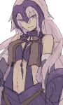  1girl breasts cowboy_shot fate/grand_order fate_(series) hair_between_eyes headpiece highres jeanne_d&#039;arc_alter_(fate) long_hair looking_at_viewer medium_breasts navel rn_(radon&#039;ya) simple_background smile solo white_background white_hair 