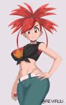  1girl absurdres belt black_shirt breasts brown_eyes closed_mouth commentary english_commentary eyelashes flannery_(pokemon) green_pants grey_background hand_on_own_hip highres holding holding_poke_ball looking_down navel paid_reward_available pants poke_ball poke_ball_(basic) pokemon pokemon_oras red_hair reviruu shirt simple_background sleeveless sleeveless_shirt solo split_ponytail stomach tied_shirt twitter_username white_belt 