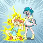  2girls \m/ a-pose ahoge angry aqua_eyes aqua_hair arm_up bad_id belt blue_background blue_dress blue_sailor_collar blush clenched_hand cropped_shirt curly_sidelocks dot_nose dress electricity full_body furrowed_brow hagoromo_lala hair_ornament hand_up hoshina_hikaru jewelry long_hair long_sleeves motion_lines multiple_girls necklace on_one_knee open_mouth pigeon-toed precure print_shirt red_hair red_socks sailor_collar shirt shirt_under_dress short_dress short_hair sleeveless sleeveless_dress socks speed_lines standing star-shaped_pupils star_(symbol) star_twinkle_precure straight_hair symbol-shaped_pupils teeth twintails upper_teeth_only v-shaped_eyebrows white_dress white_shirt yakizakana_(yakizakana10967) yellow_pupils yellow_shirt yellow_socks 