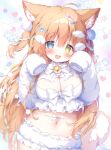  1girl animal_ear_fluff animal_ears blonde_hair blue_eyes blush bow breasts cleavage cleavage_cutout clothing_cutout cropped_shirt hair_bow hair_ornament heterochromia highres large_breasts long_hair long_sleeves looking_at_viewer midriff momozu_komamochi navel open_mouth original shirt short_shorts shorts sleeves_past_wrists smile very_long_hair white_shirt white_shorts yellow_eyes 