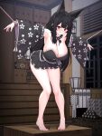  1girl absurdres animal_ears armpits bare_legs bare_shoulders barefoot black_hair black_shirt black_skirt bound bound_wrists breasts cleavage clenched_teeth commission detached_collar detached_sleeves extra_ears floral_print fox_ears frilled_skirt frills full_body highres japanese_clothes kkam-sang large_breasts leaning_forward long_hair looking_at_viewer miniskirt original outstretched_arms red_eyes rope shirt skirt solo standing strapless strapless_shirt teeth thighs tiptoes v-shaped_eyebrows very_long_hair wide_sleeves 