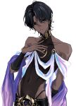  1boy arjuna_(fgo_fes._2025)_(fate) black_eyes black_hair covered_navel dark-skinned_male dark_skin earrings fate/grand_order fate_(series) gold_armlet halter_shirt halterneck hoop_earrings jewelry looking_at_viewer male_focus necklace ngg_n parted_bangs purple_sash sash see-through_clothes see-through_shirt shawl shirt simple_background sleeveless smile solo upper_body wavy_hair white_background 