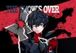  1boy amamiya_ren black_coat black_eyes black_hair blood blood_splatter botati coat english_text gloves hair_between_eyes highres holding holding_mask looking_at_viewer male_focus mask messy_hair one_eye_closed persona persona_5 red_gloves short_hair smile solo upper_body 